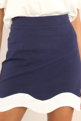Look And See Navy Blue Scalloped Linen Blend Skirt - Red Dress