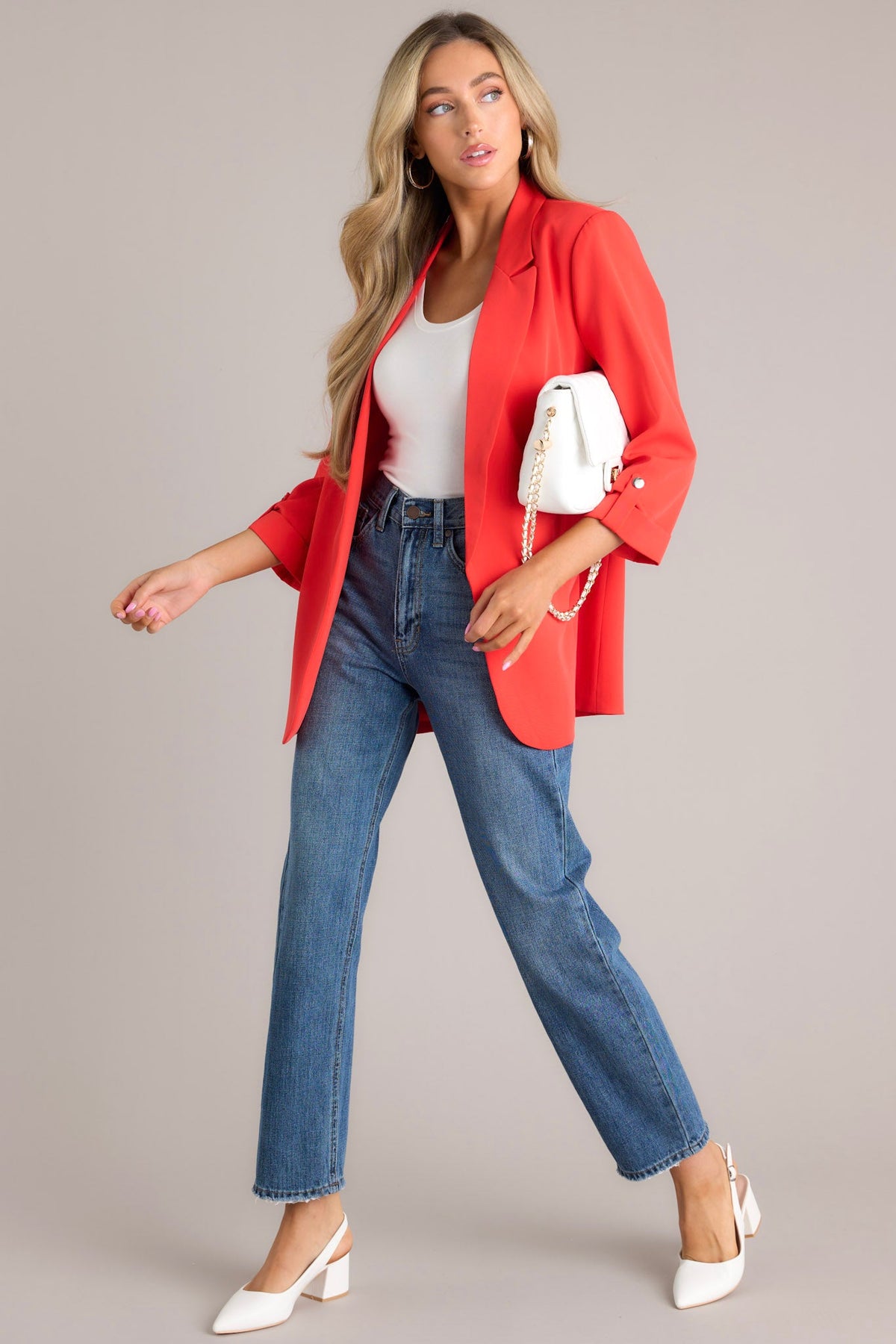 3/4 Sleeve Cherry Tomato Blazer - All Outerwear | Red Dress