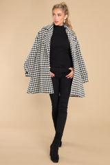 Making It Easy Black & White Houndstooth Coat - Red Dress