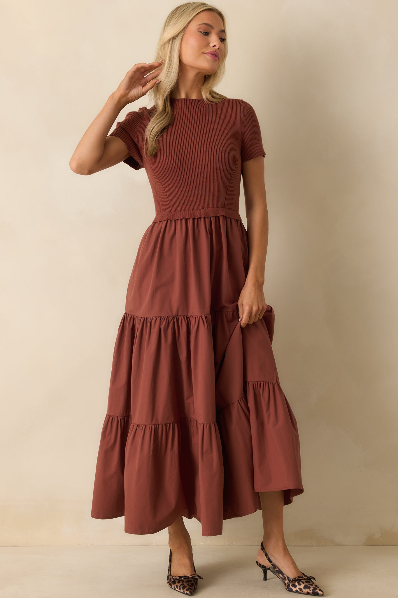 Maxi dress featuring a defined ruffle waist seam and contrasting tiered skirt.
