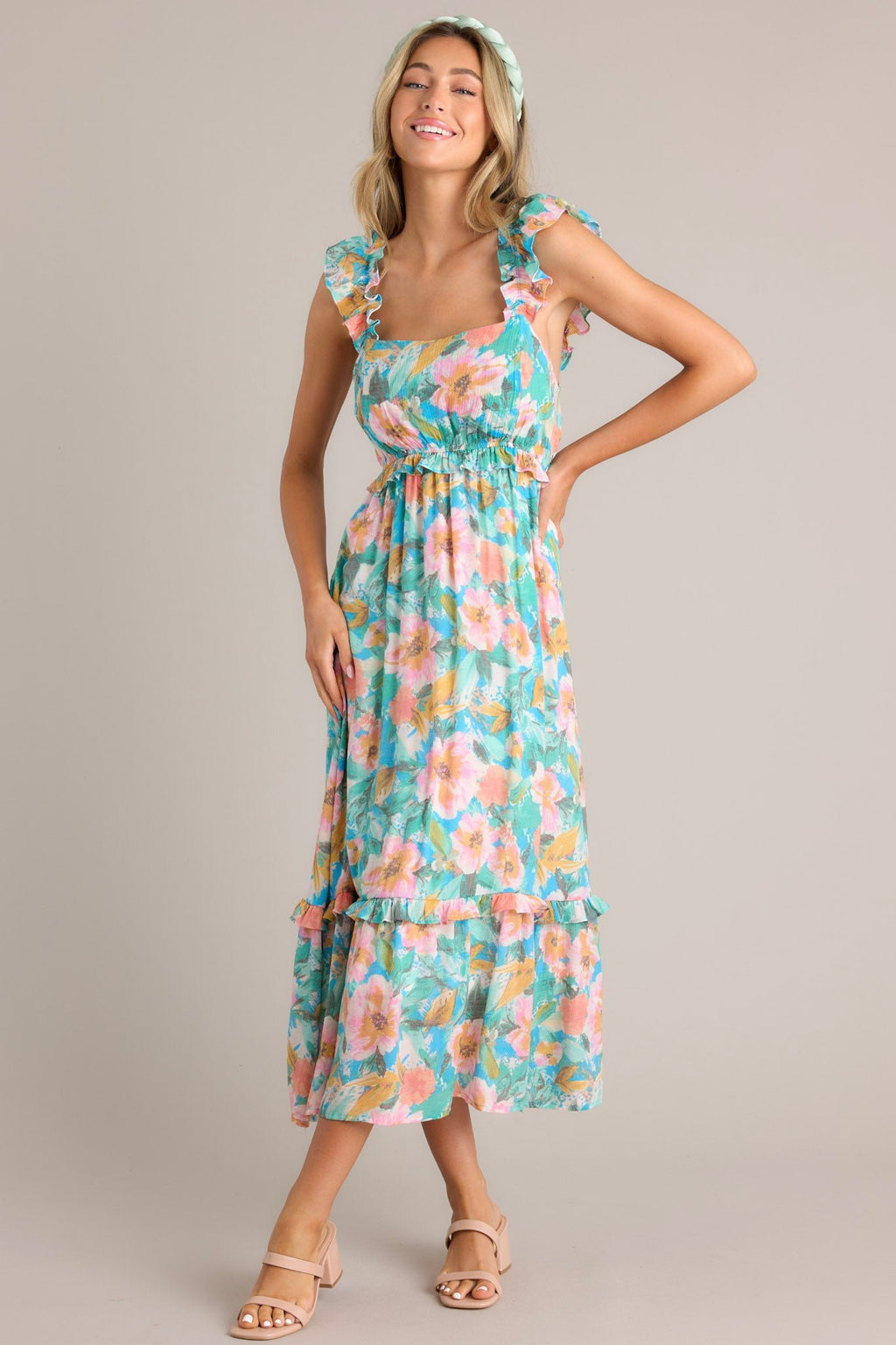 Meadow Magic Aqua Floral Print Midi Dress
