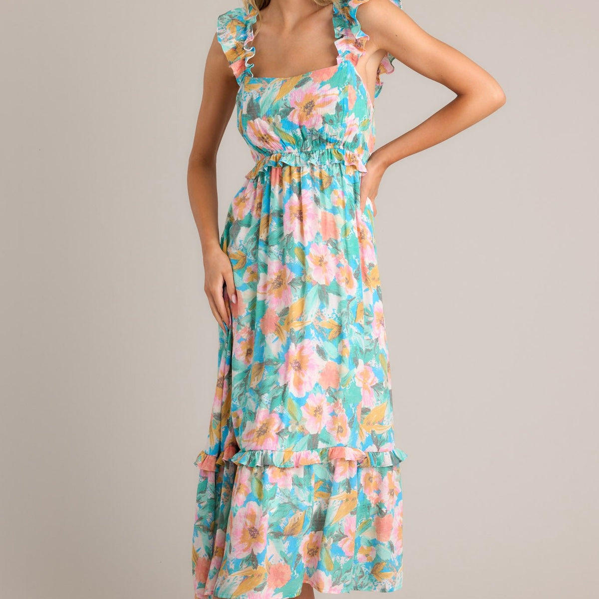 Aqua Floral Print Midi Dress - All Dresses