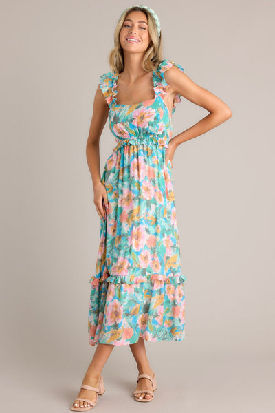 Aqua Floral Print Midi Dress - All Dresses