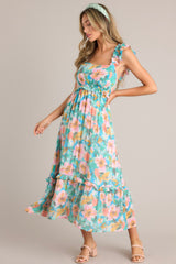 Floral square-neck dress with elastic sleeves, smocked back, elastic waistband, and flowy skirt