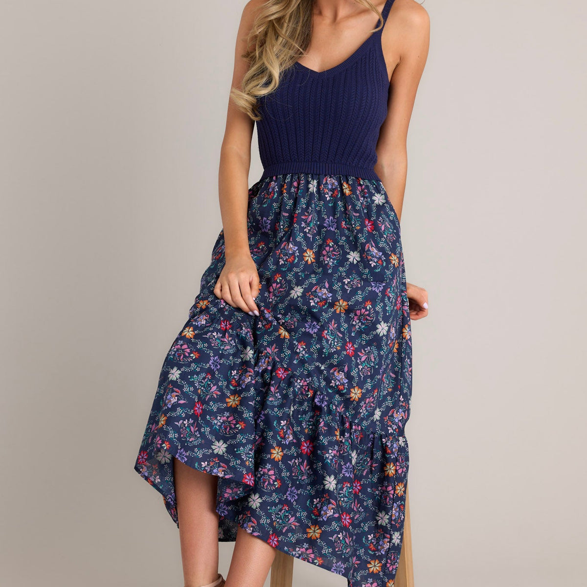 maxi dress with cropped sweater Navy Floral Print Sweater Maxi Dress - All Dresses
