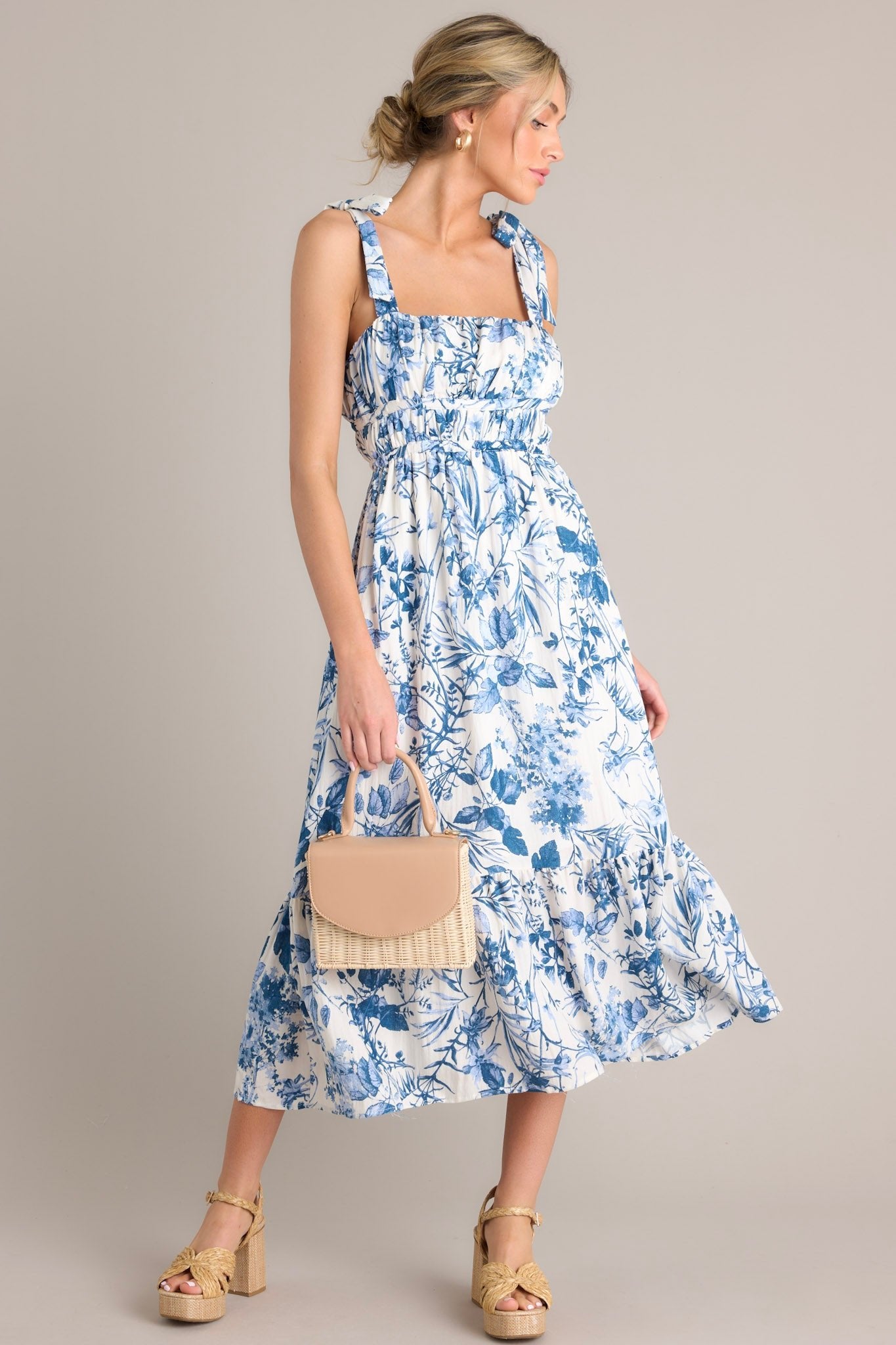 White & Blue Floral Midi Dress - All Dresses | Red Dress