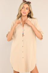 Meant For You Beige Button Front Linen Blend Top - Red Dress