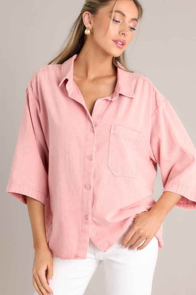 Seashell Pink 100% Cotton Button Front Top - All Tops | Red Dress