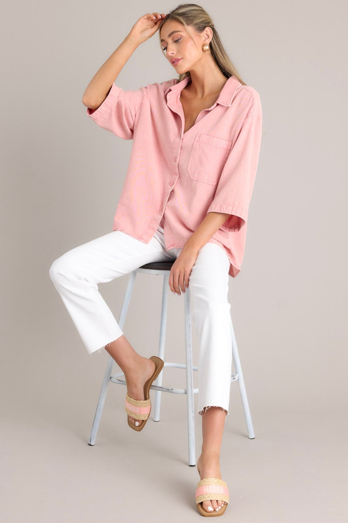 Seashell Pink 100% Cotton Button Front Top - All Tops | Red Dress