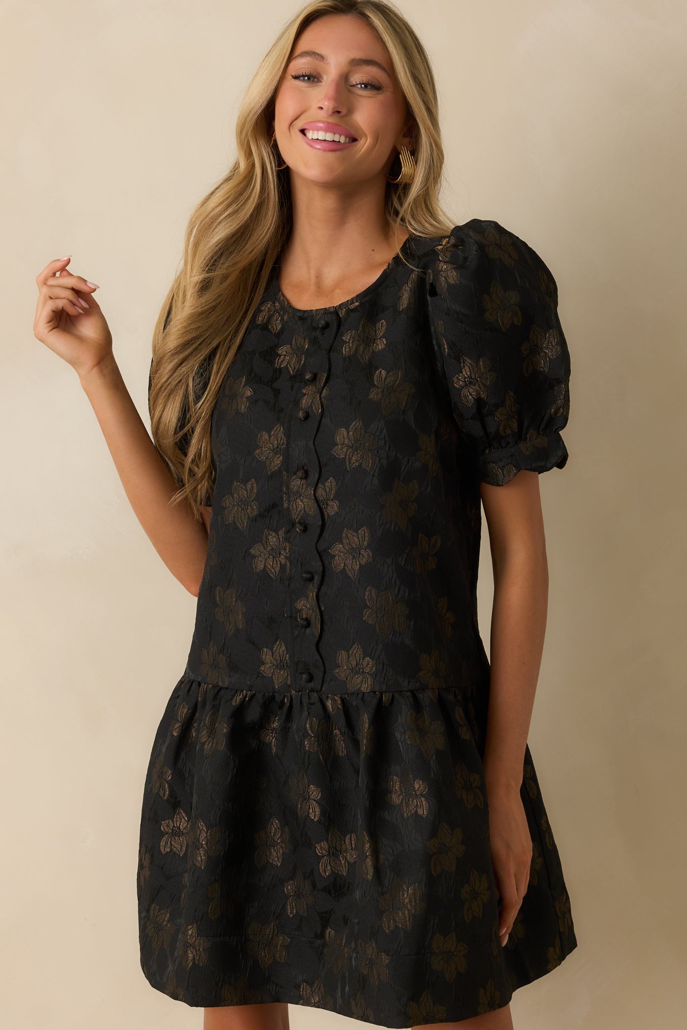Black Floral Jacquard Puff Sleeve Dress - Mini Dresses | Red Dress