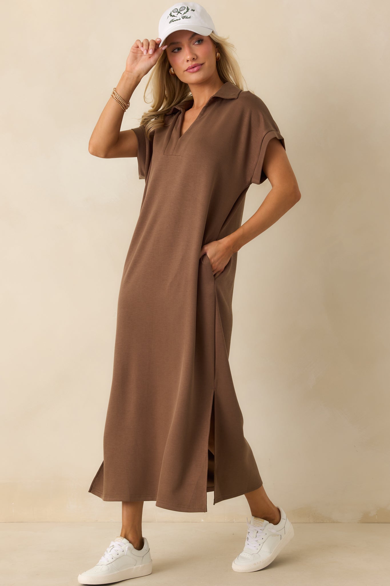 Flowing mocha brown midi dress with side vents, short sleeves, and a structured collared neckline.