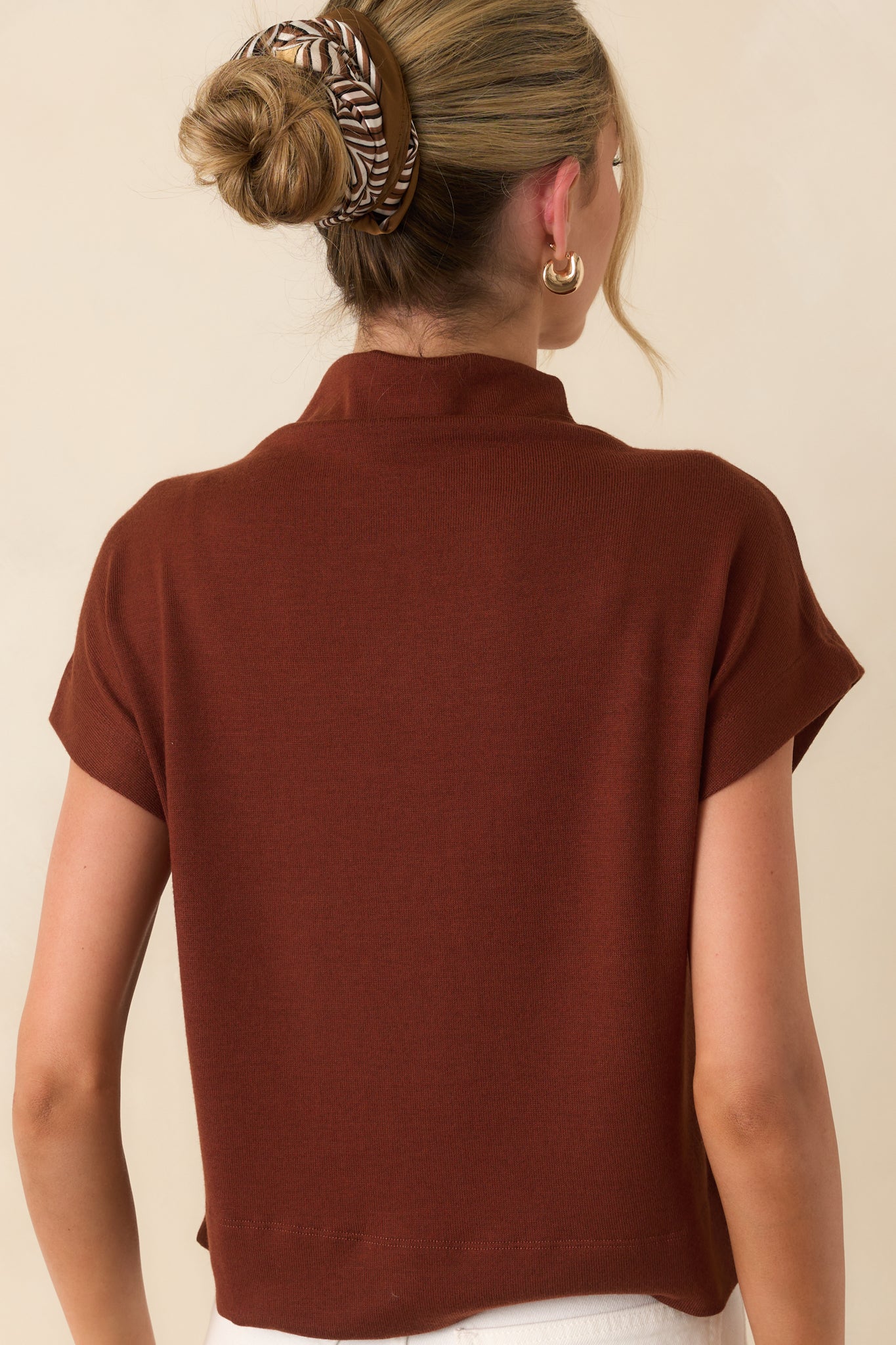 Dark Rust Relaxed Mock Neck Top - Short Sleeve Tops | Red Dress