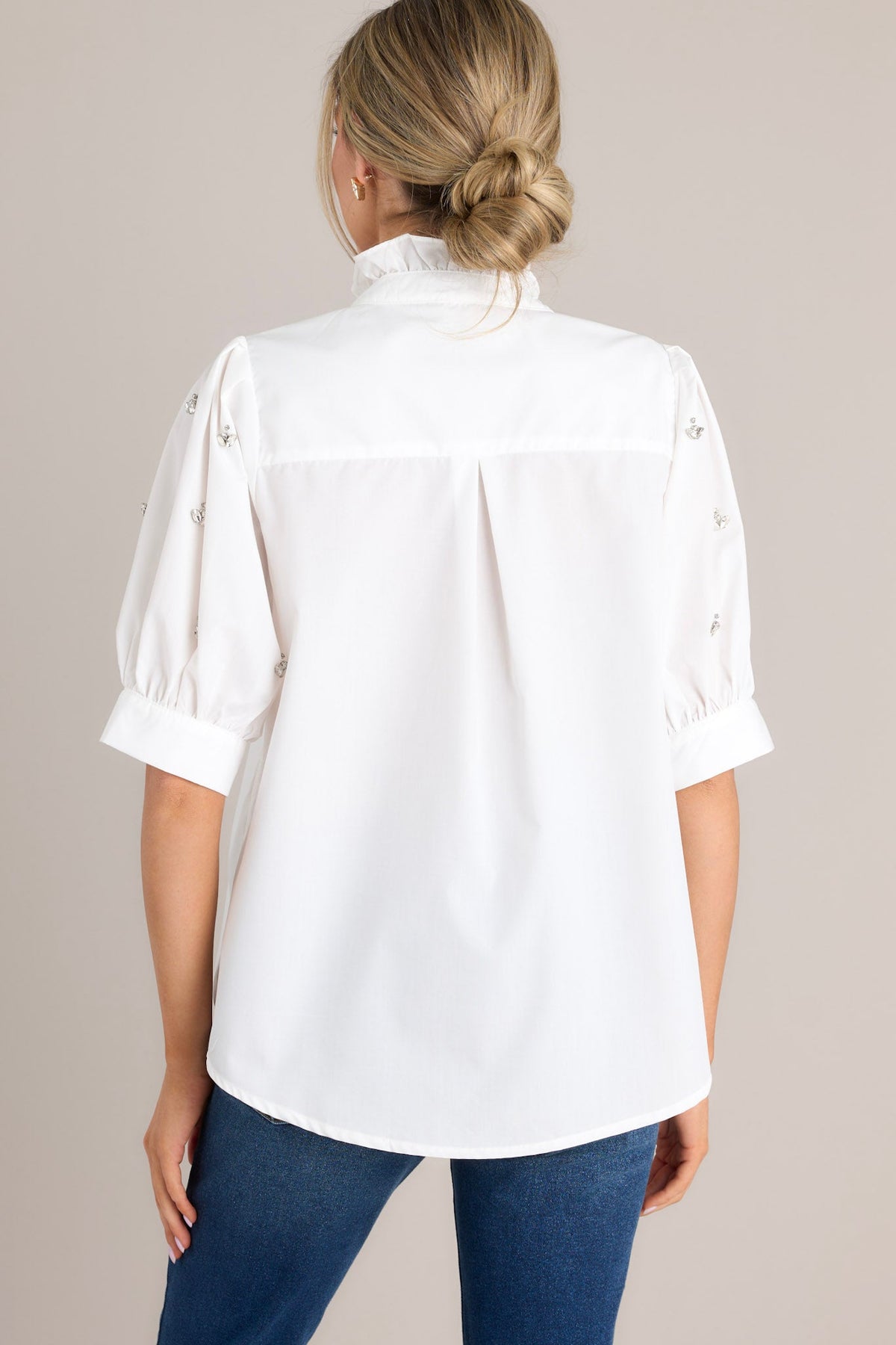 White Embellished Button Front Top - All Tops | Red Dress