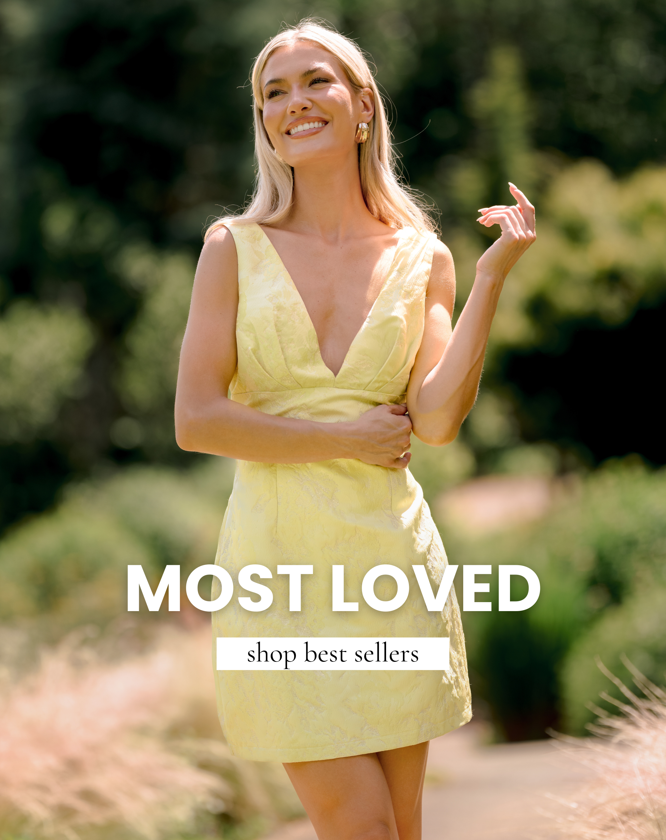 Model wearing a sleeveless yellow mini dress outdoors with text promoting the Most Loved best sellers collection.