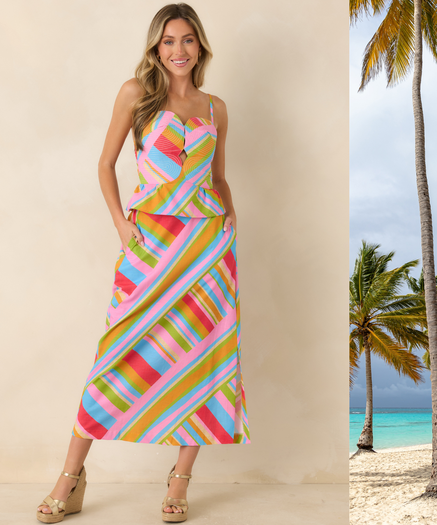 Woman in a multi stripe two piece set against a beige background, with a beach background peeking in. 