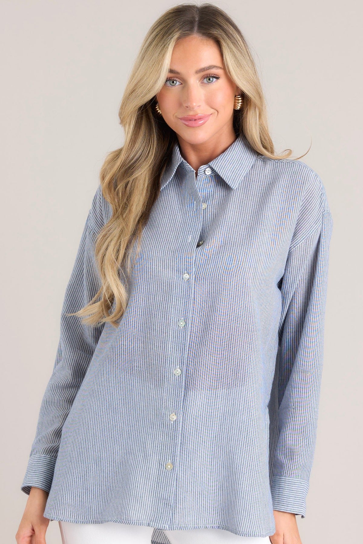 Dusty Blue Stripe Cotton Blend Button Front Top - All Tops | Red Dress