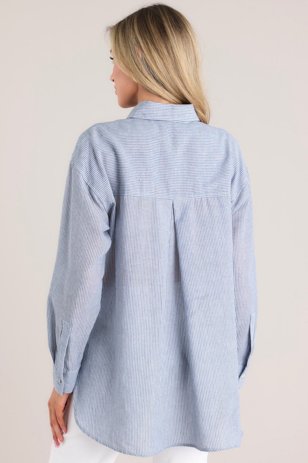 Dusty Blue Stripe Cotton Blend Button Front Top - All Tops | Red Dress
