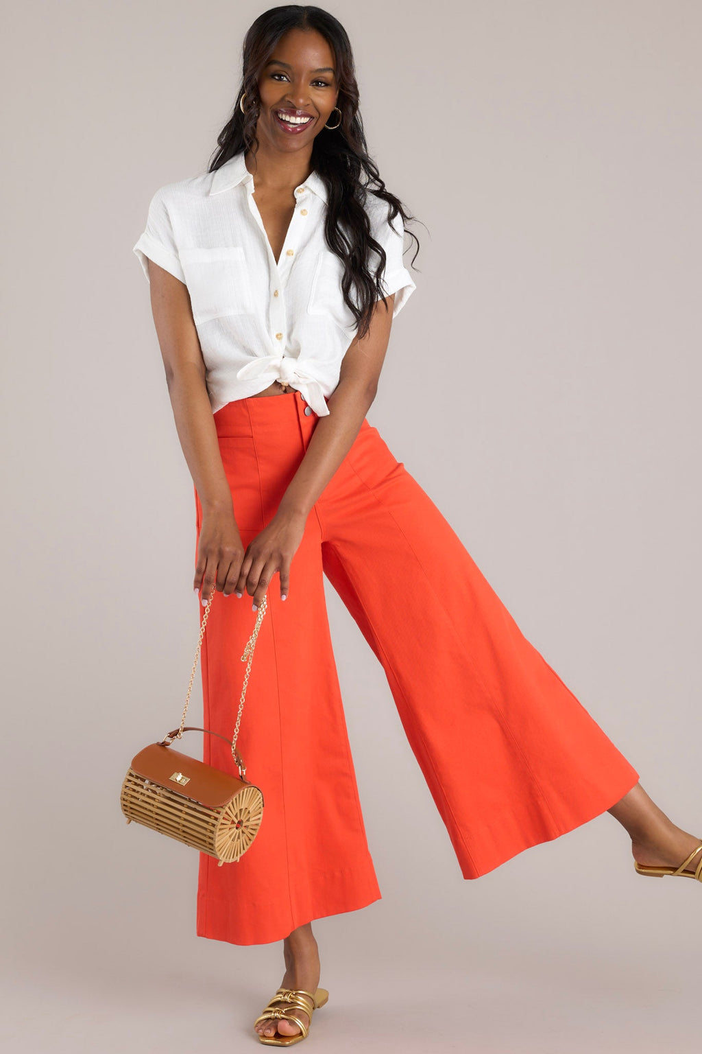 Red Orange Wide Leg Cropped Pants All Bottoms| Red Dress