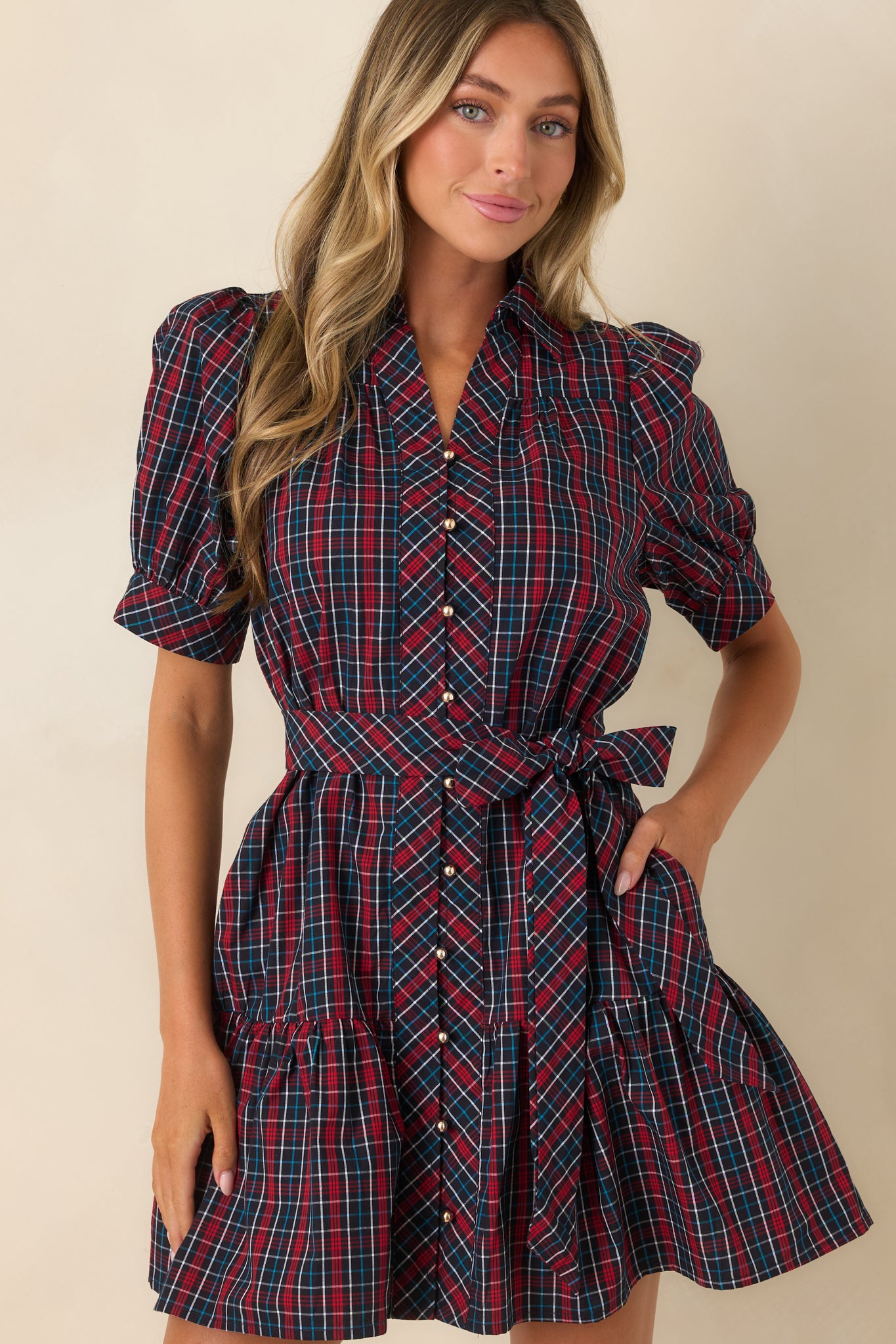 Close-up of navy and red plaid cotton dress with collared neckline, button front, and matching belt.