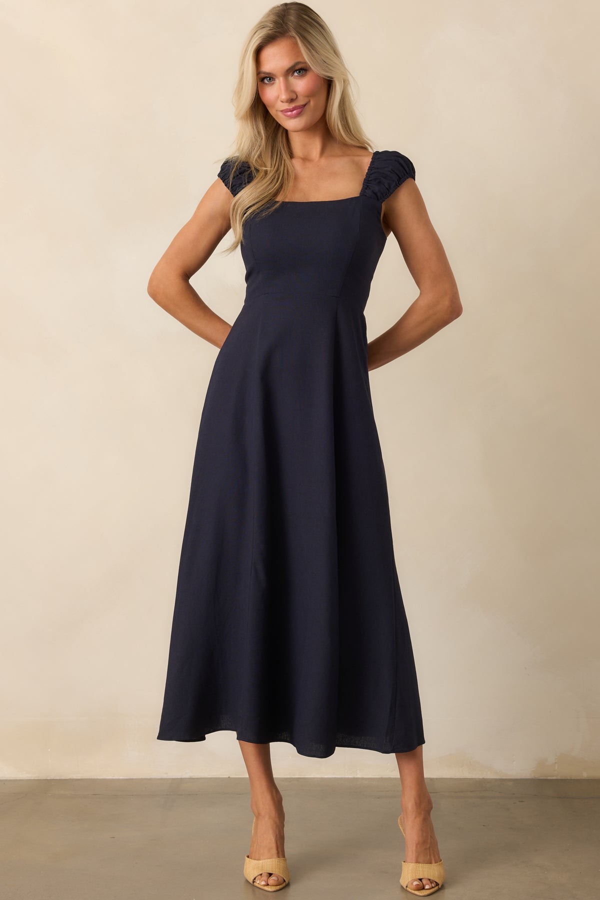 Gathered Detail V Neckline Side Slit Midi Dress (NAVY)