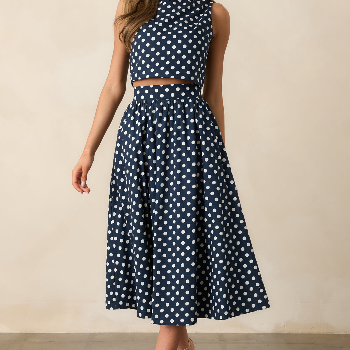 Prosperina Ellie Crop Top In Navy Polka Dot Cotton | Red Dress