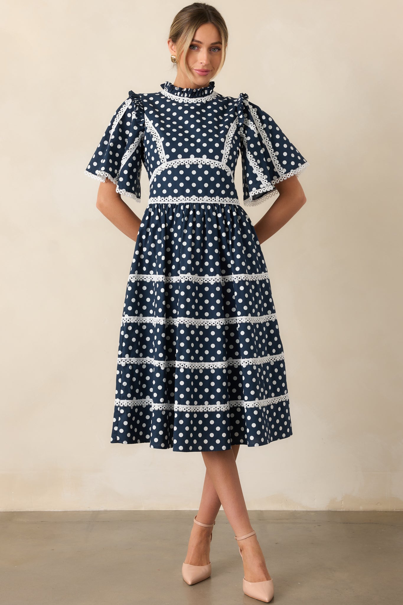 ワンピース Apolina Special edition Ida dress MTO Prosperina Andromeda Midi Dress In Navy Polka Dot Cotton | Red Dress