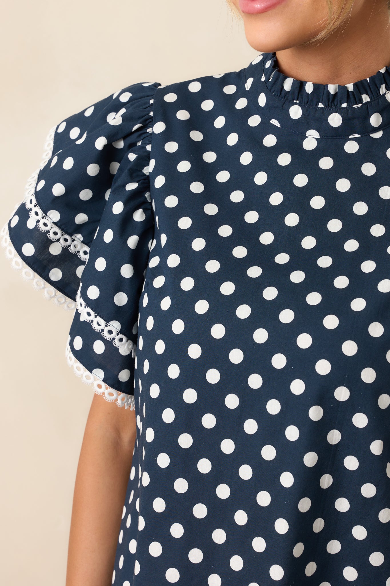 Close focus on the ivory eyelet trim and fabric texture of the navy and white polka dot top.