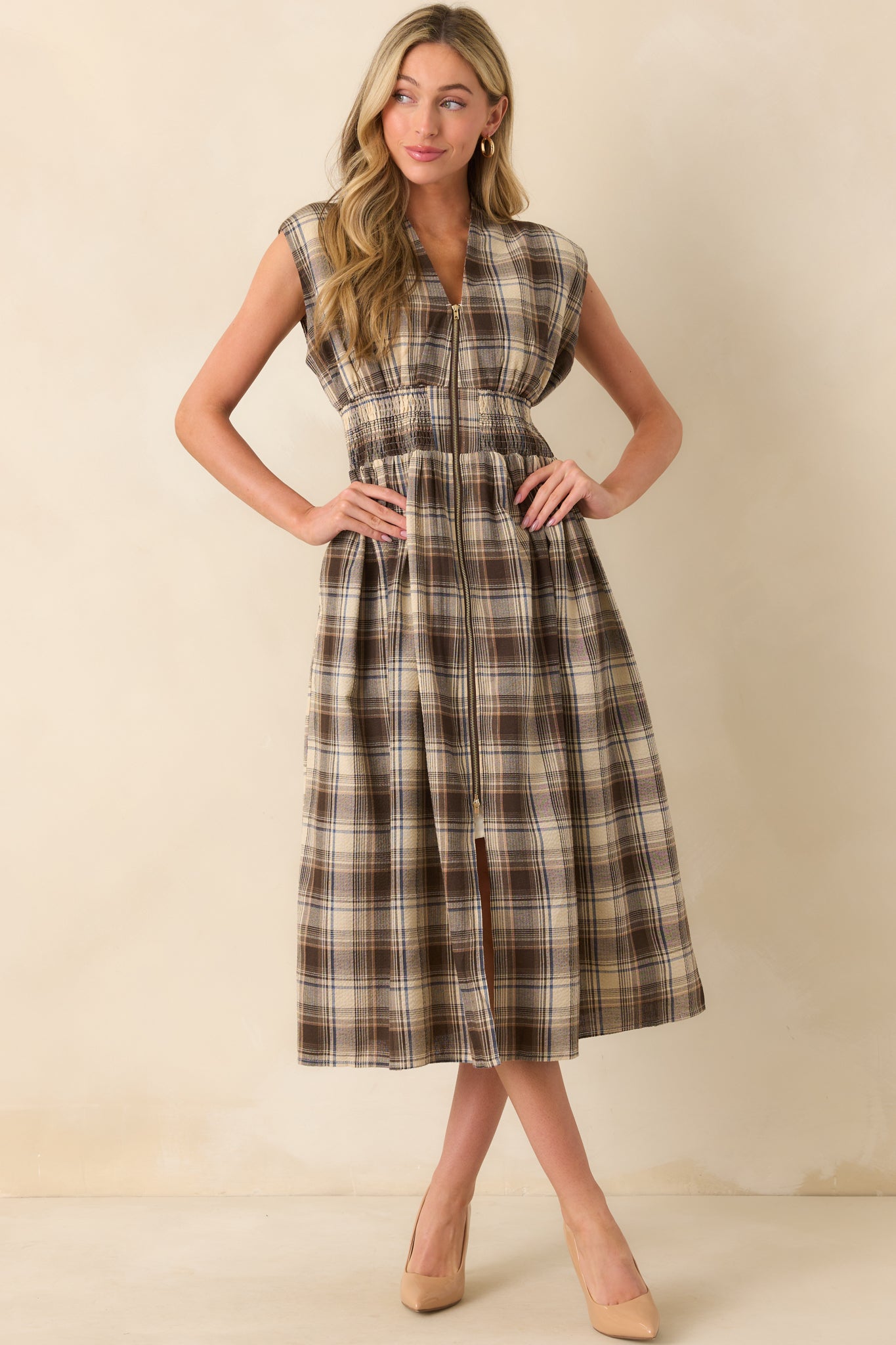 The Evette Zip Front Midi Dress In Mocha Brown Tartan