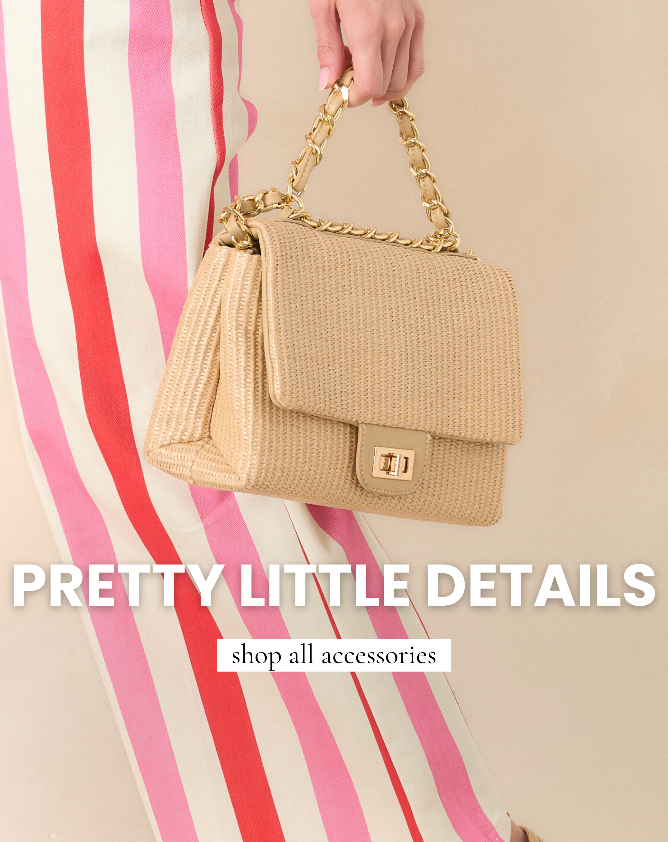 Neutral woven handbag with gold chain strap styled with pink and red striped wide leg pants, highlighting timeless women’s accessories from our Color Cure collection. Shop all accessories.