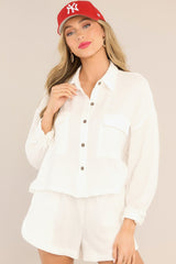Never Leaving White Gauze Button Front Cropped Top - Red Dress