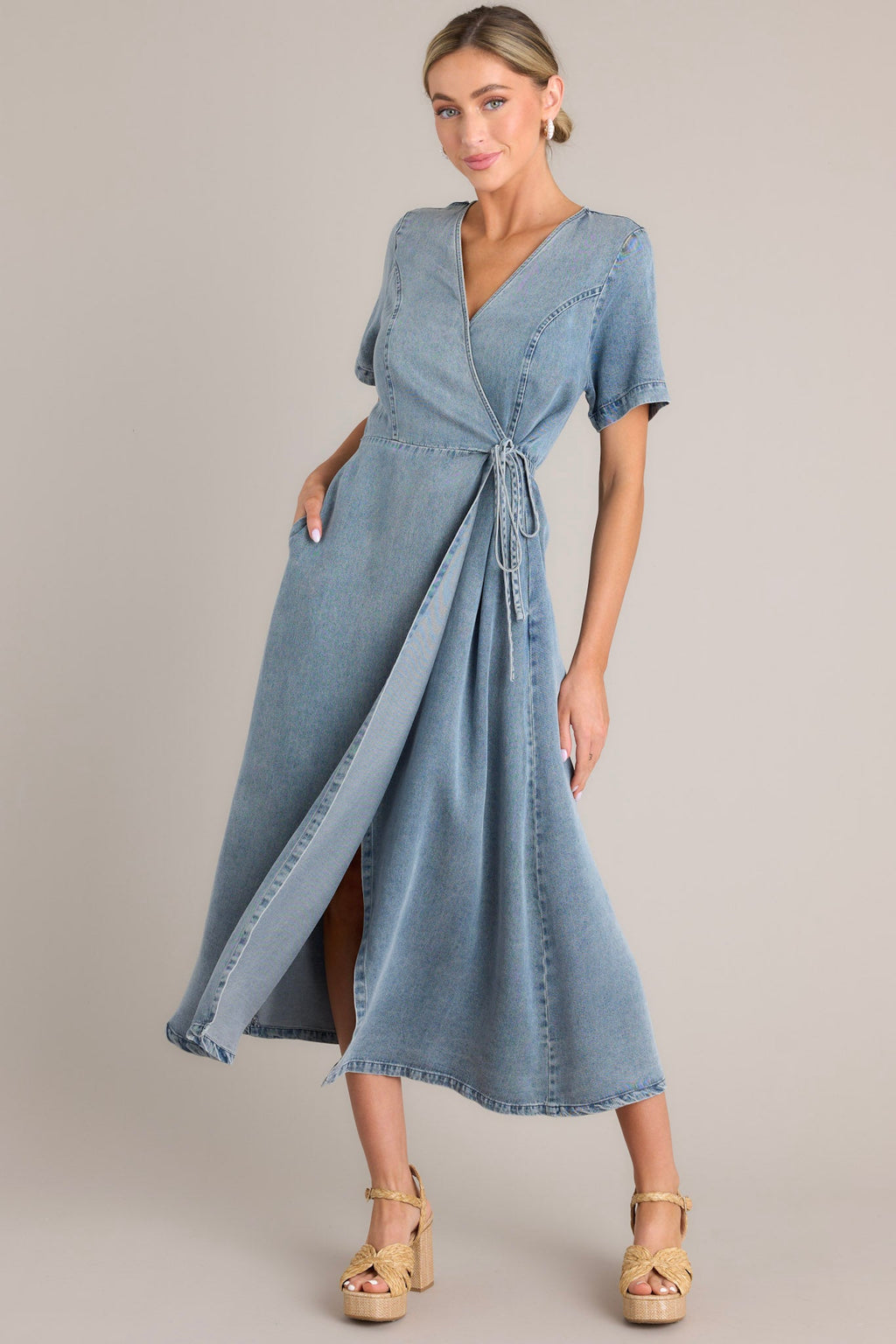 Medium Wash Chambray Wrap Midi Dress - All Dresses