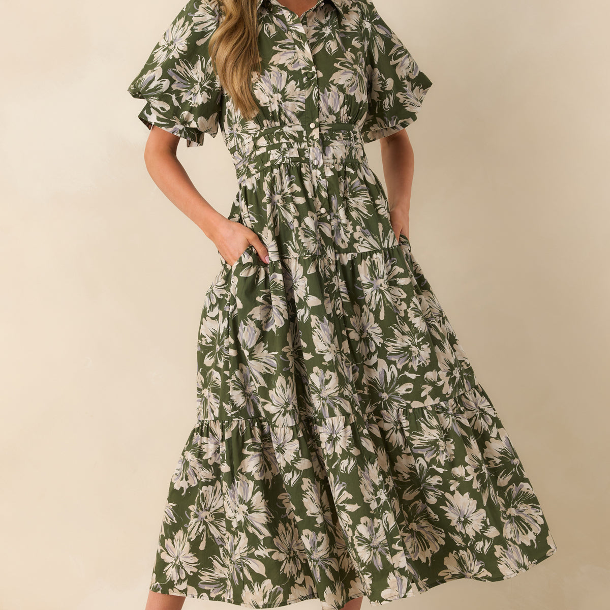 Olive Green Floral Print Maxi Dress - Shirt Dresses
