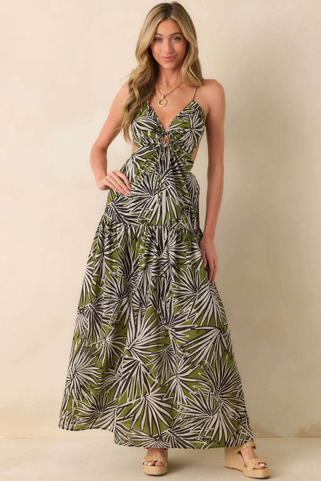 green emerald velvet dress Not In A Hurry Olive Green Tropical Print Cotton Cutout Maxi Dress