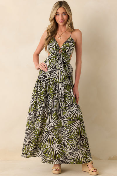 Olive Green Tropical Print Cotton Maxi Dress - All Dresses