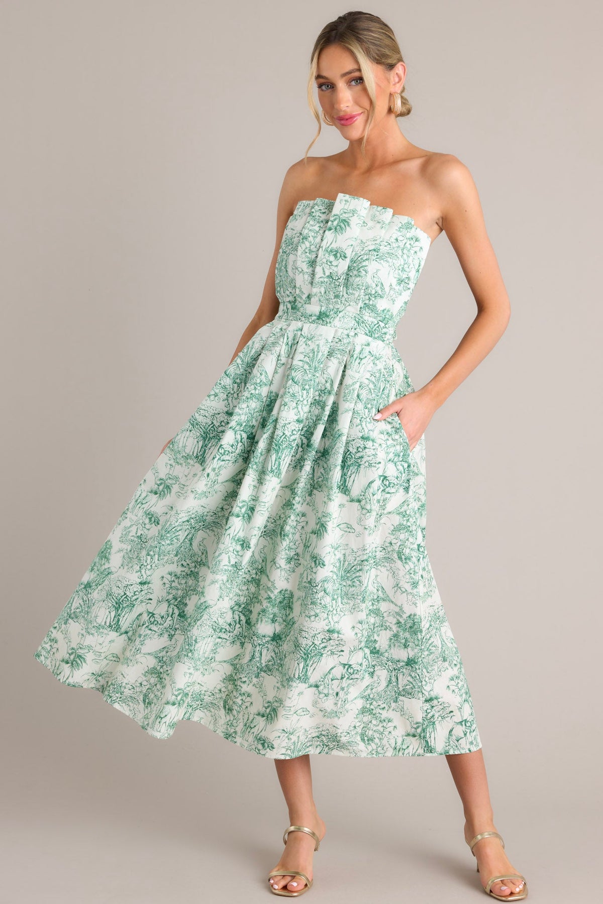 The Genevieve 100% Cotton Strapless Green Toile Midi Dress