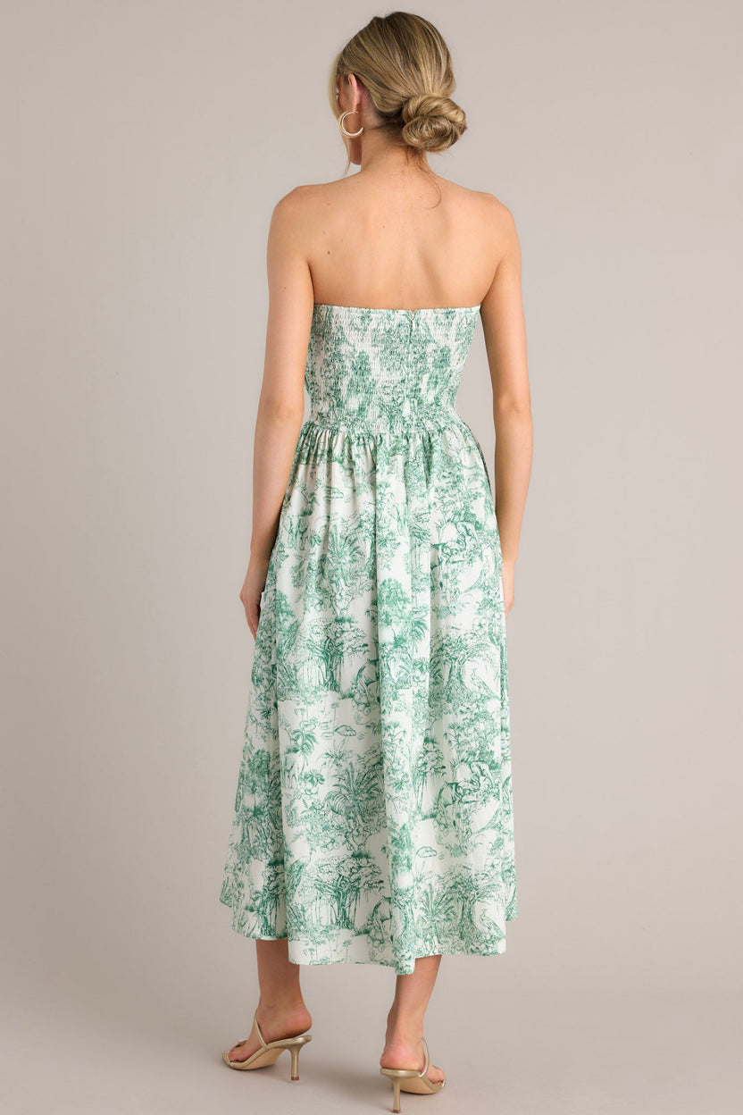 The Genevieve 100% Cotton Strapless Green Toile Midi Dress