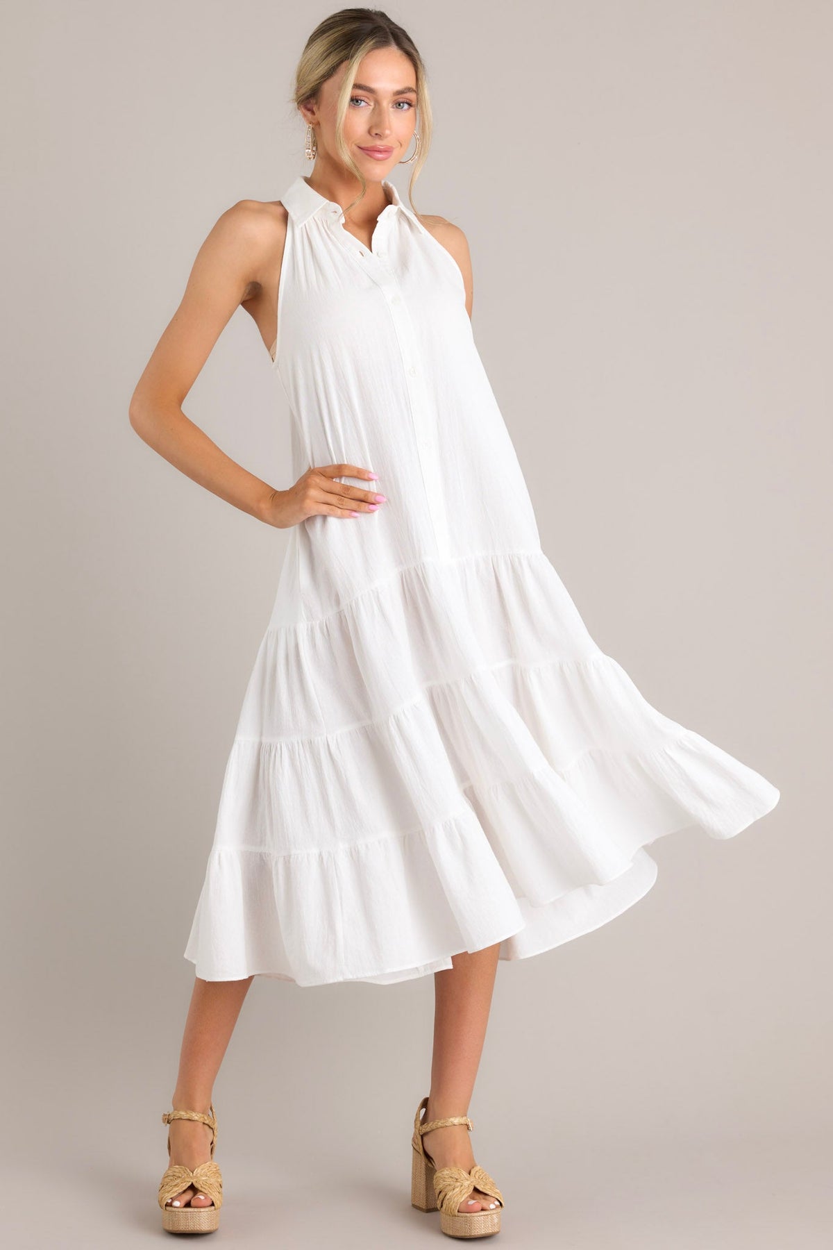 Structured Button Front Dress White
