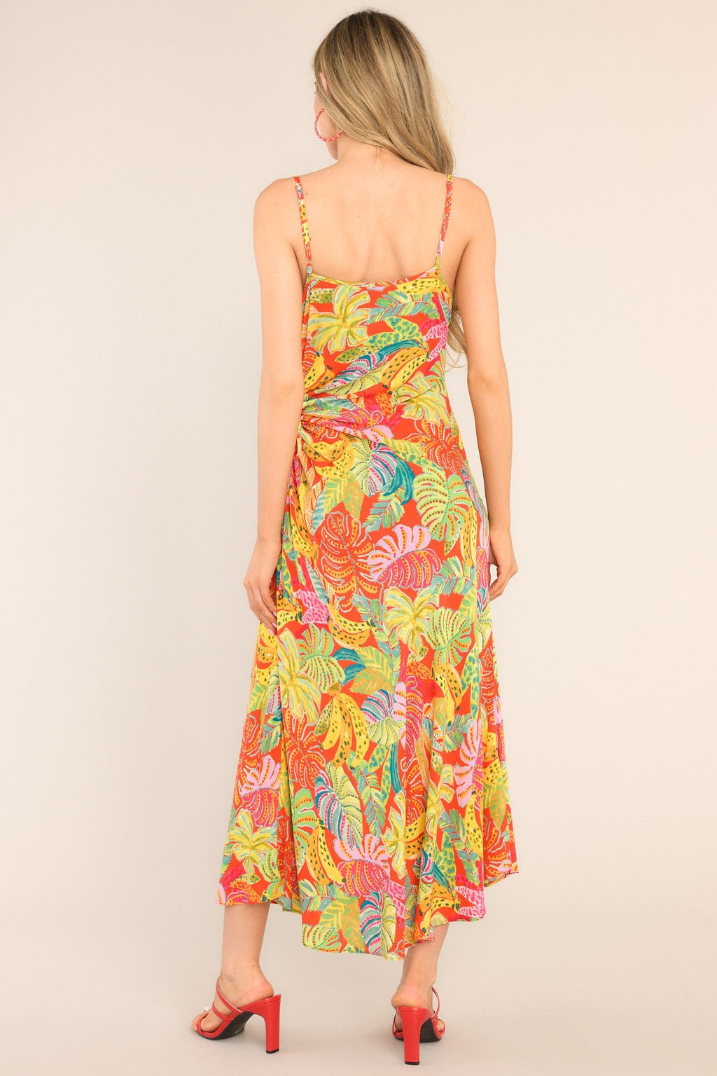 Elchic Tropical Print Midi Dress with Puff Sleeves