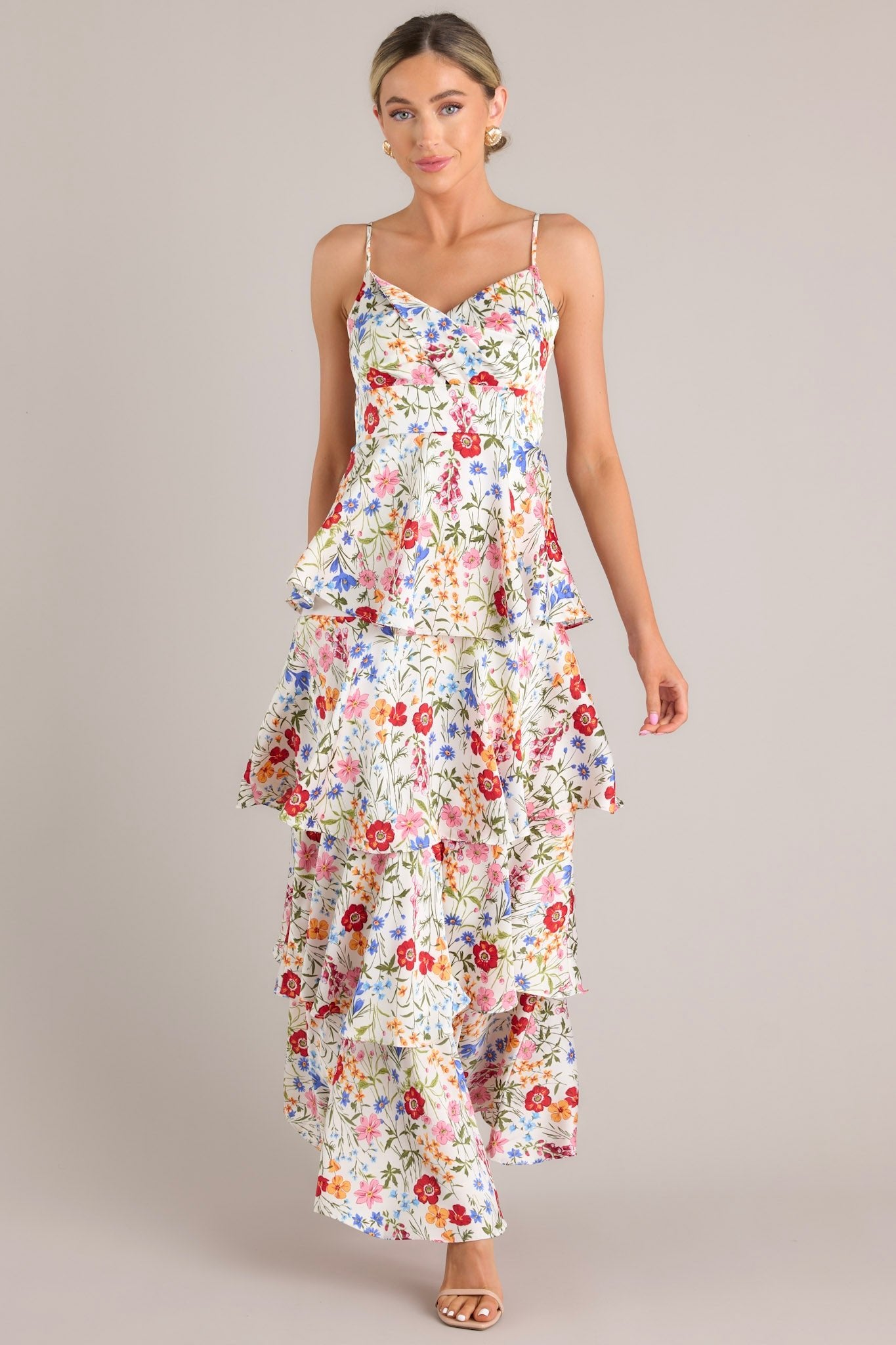 Petal Parade White Floral Tiered Maxi Dress L Red