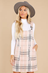 Pick Me First Blush And Grey Plaid Overall Dress - Red Dress