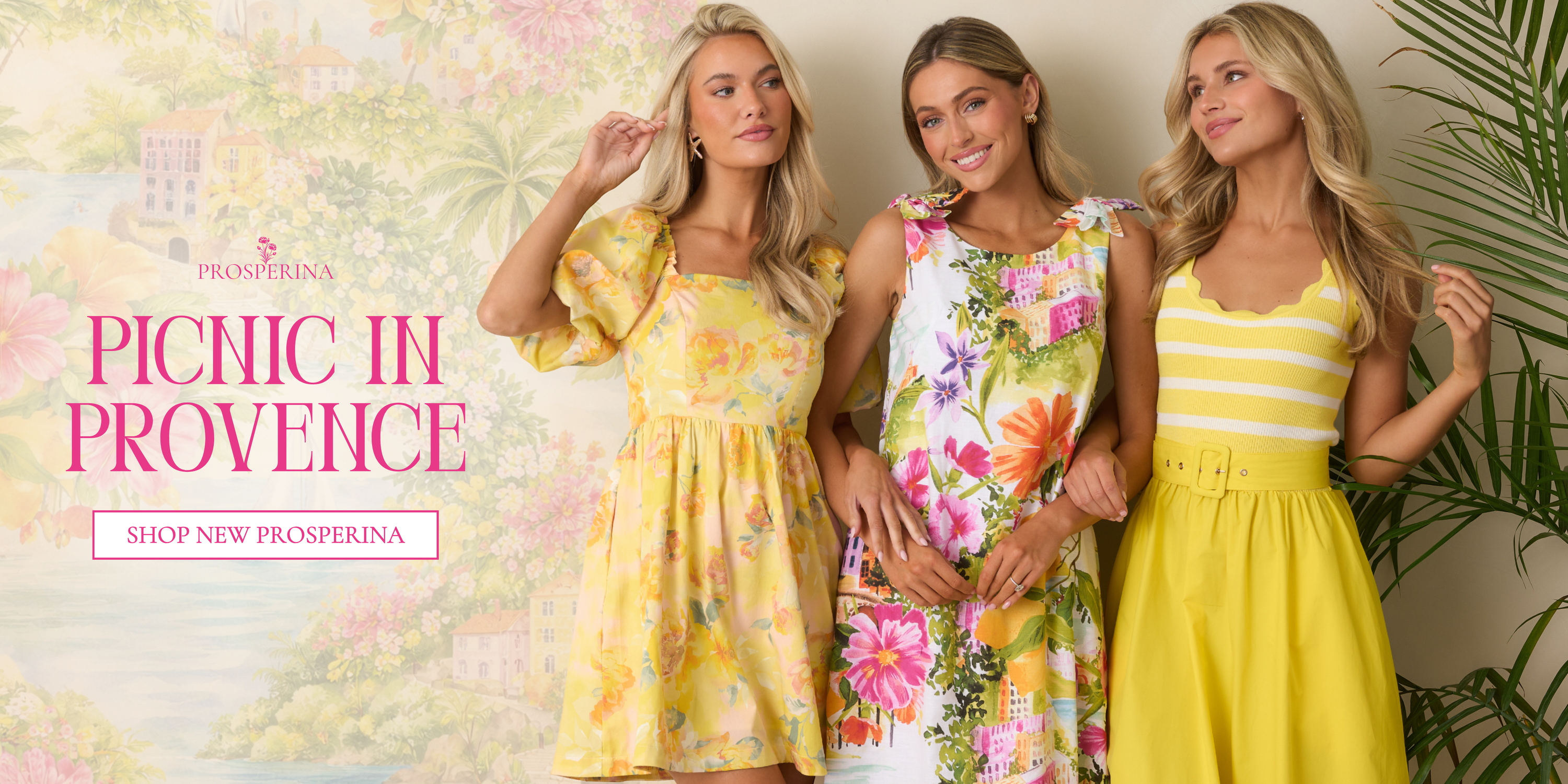 Women’s Prosperina Picnic in Provence collection featuring floral dresses and colorful spring fashion. These dresses lead to our Prosperina Shop. 