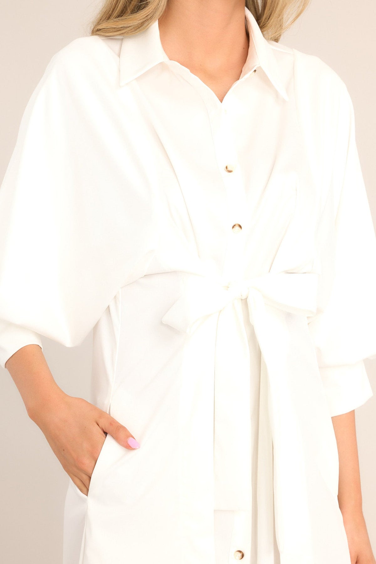 White Puff Sleeve Button Front Midi Dress