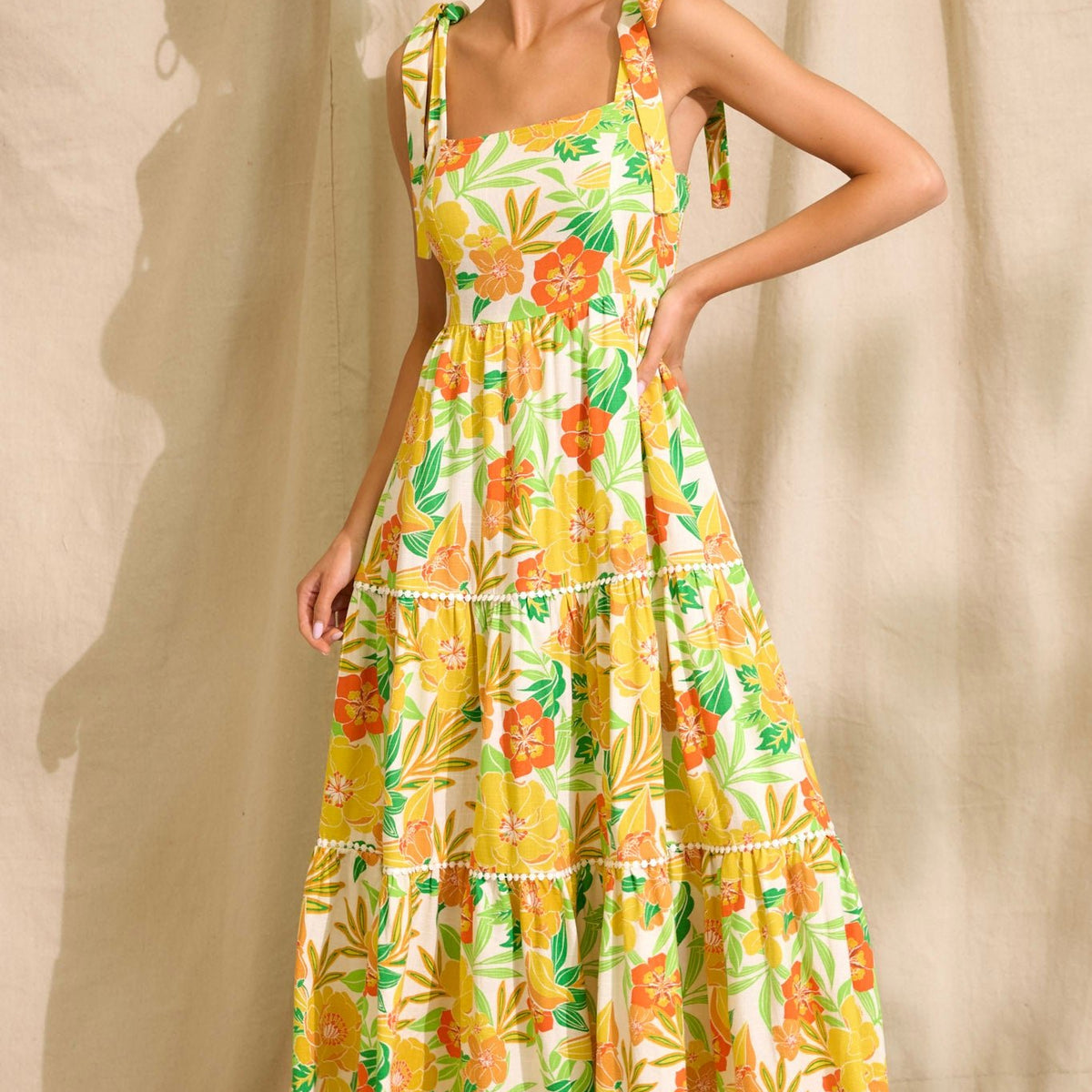 Yellow Floral Linen Maxi Dress - All Dresses
