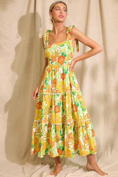 red dress yellow flowers 100% Cotton Yellow Floral Midi Dress - All Dresses