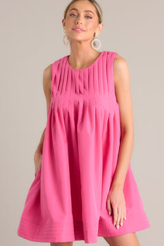 Pleated Hot Pink Mini Shift Dress - All Dresses | Red Dress