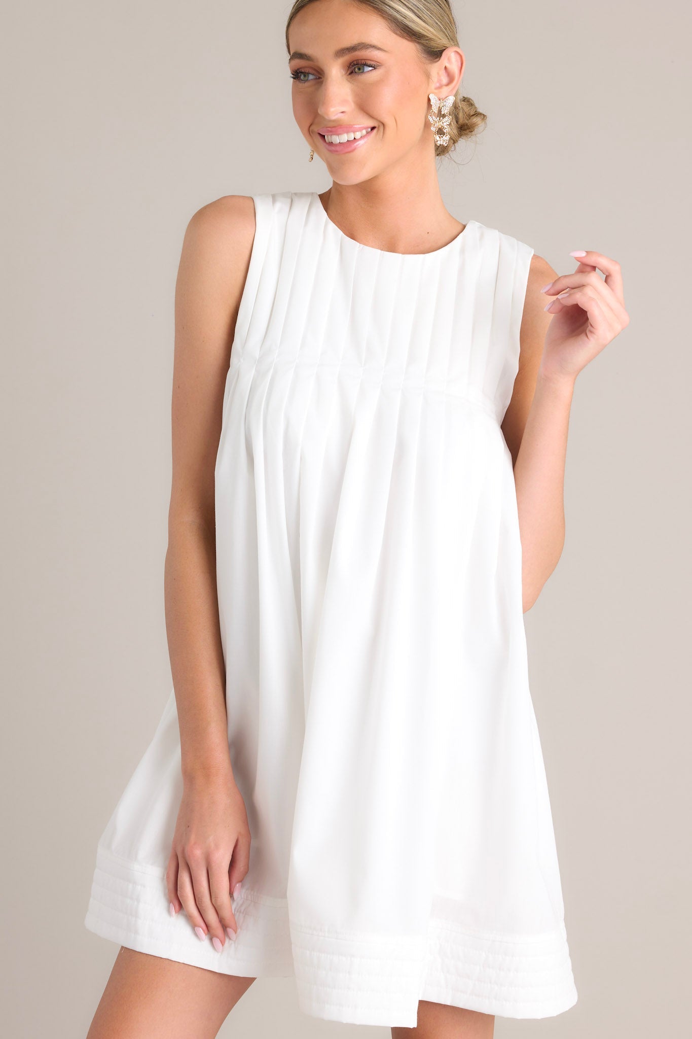Layered Mini Dress with Pleated Flower Waist White