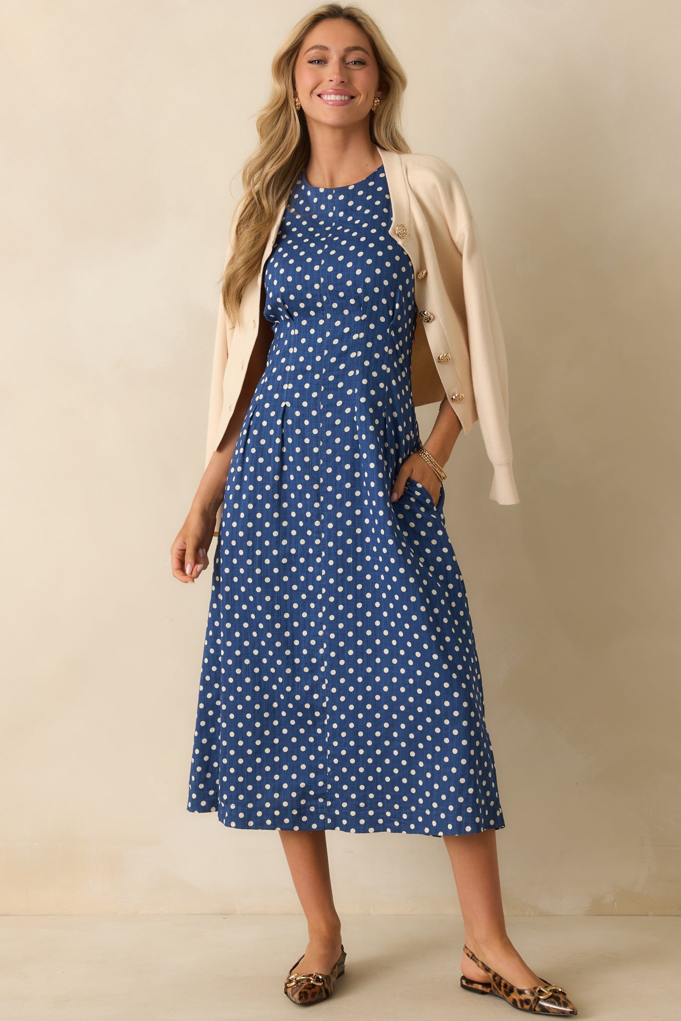 Blue Polka Dot Sleeveless Midi Dress It Has Pockets! Red Dress