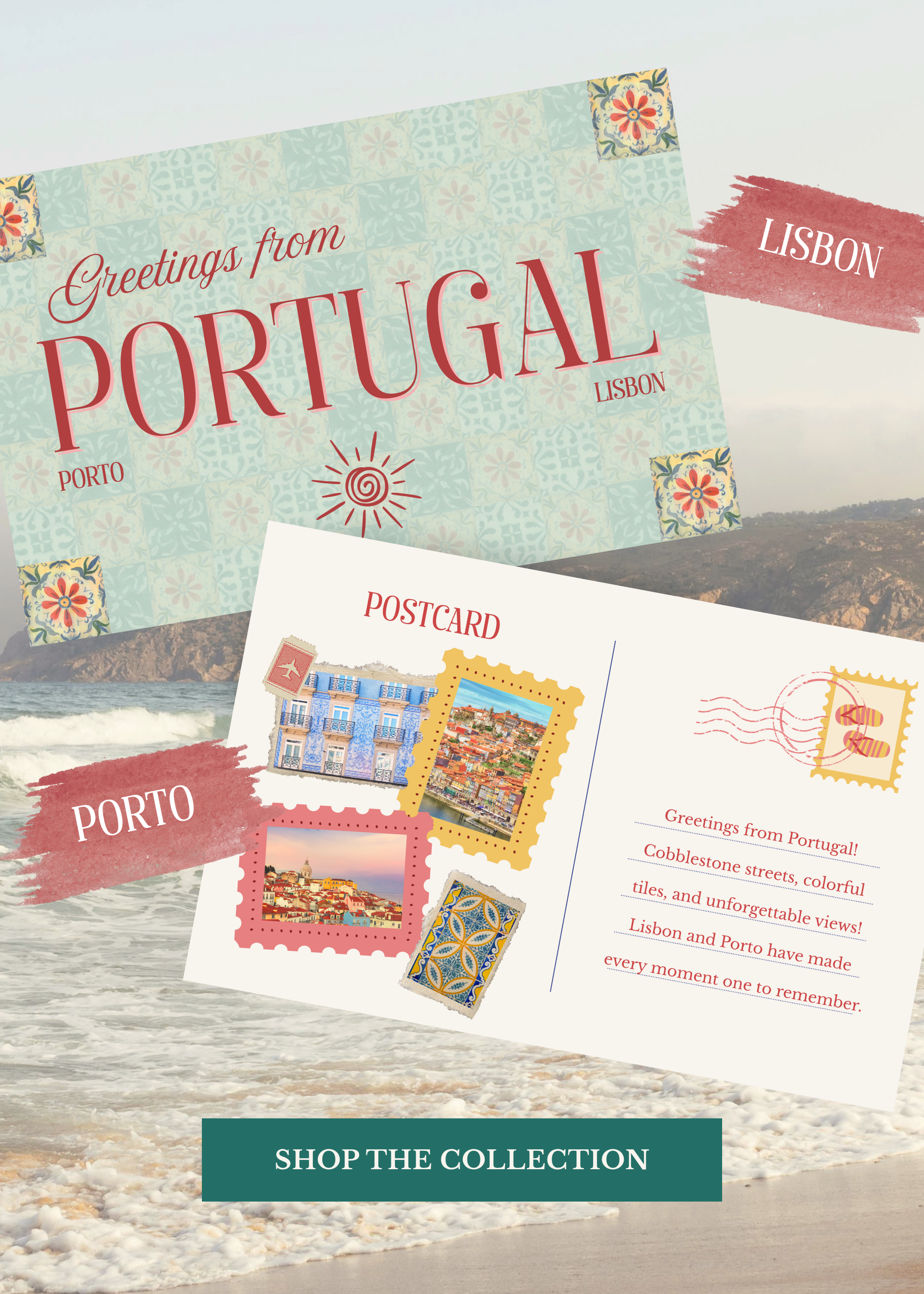 Mobile banner showcasing a Portugal-inspired women's fashion collection with vintage postcard artwork highlighting Lisbon and Porto and a "Shop the Collection" button.