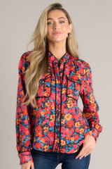 Power Within Black Floral Button Front Top - Red Dress