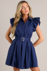 Preserve The Past Navy Belted Button Front Mini Dress - Red Dress